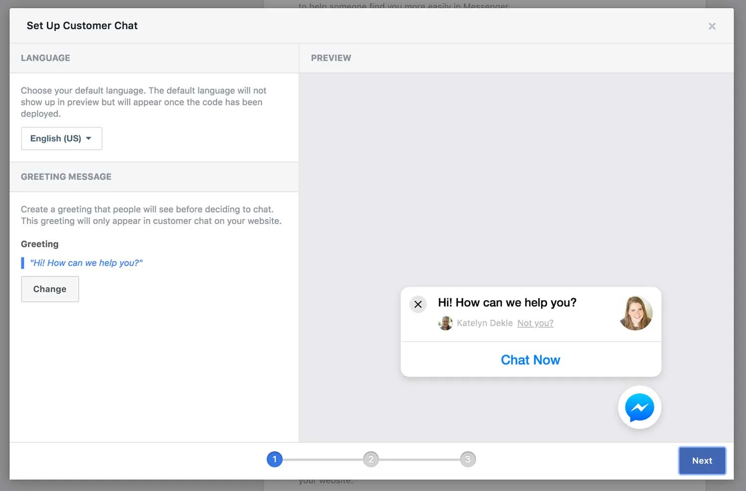 CUSTOMIZATION STEP 2 SELECT YOUR PREFERRED LANGUAGE CLICK "CHANGE" TO EDIT YOUR GREETING (IF YOU WISH) CLICK NEXT