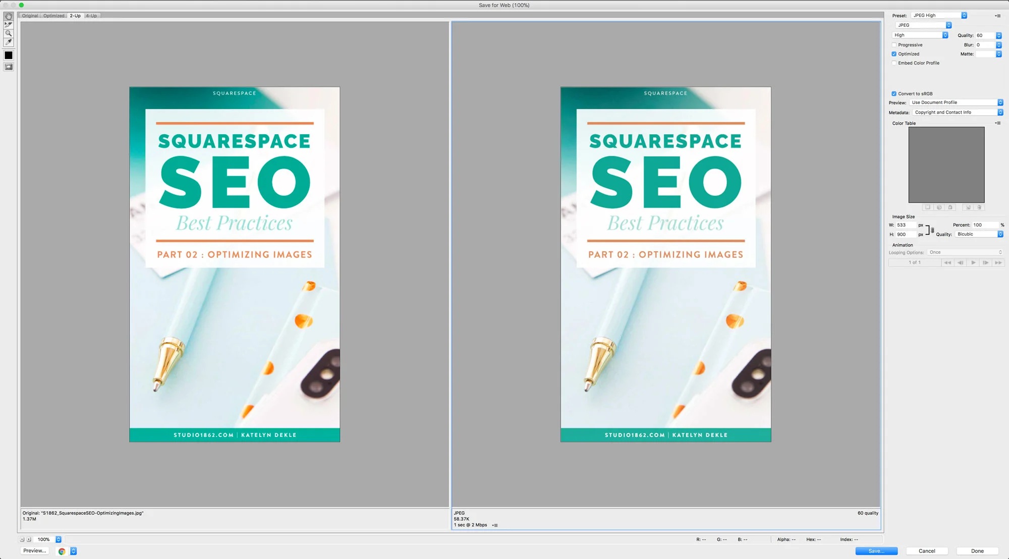 2-Up (side by side; each image’s stats are at the bottom LEFT) Select the one you want to edit, by clicking on that image, then changing the options in the menu bar on the RIGHT.