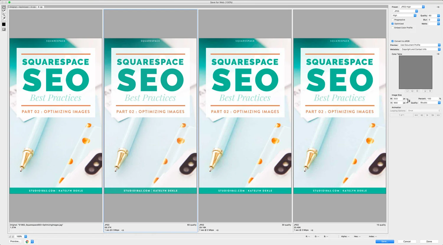 4-Up (side by side; each image’s stats are at the bottom LEFT) Select the one you want to edit, by clicking on that image, then changing the options in the menu bar on the RIGHT.