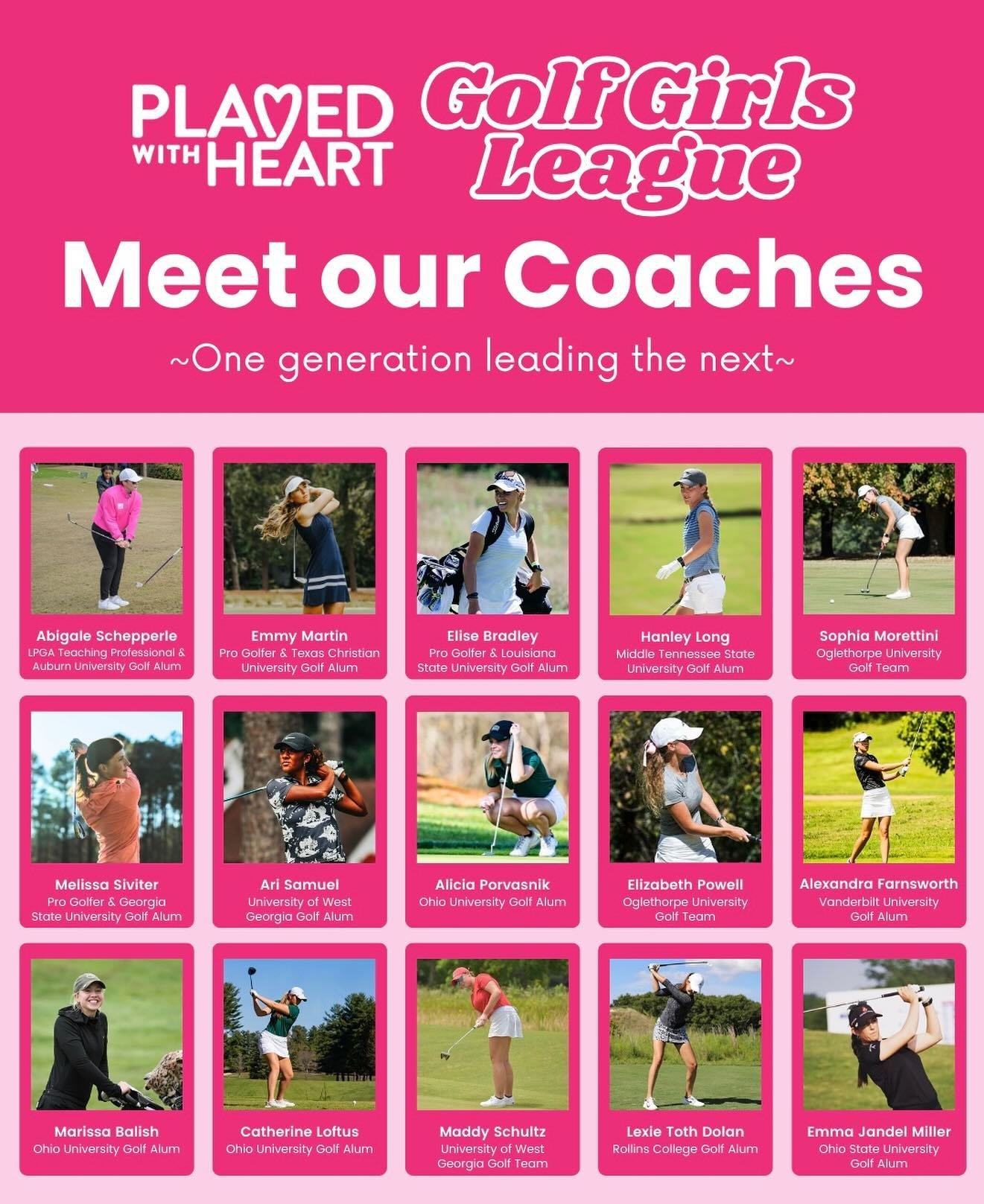 Meet our Coaches!!🩷
We are passionate about one generation leading the next, so our league is led by female professional golfers &amp; college players🏌️&zwj;♀️🩷