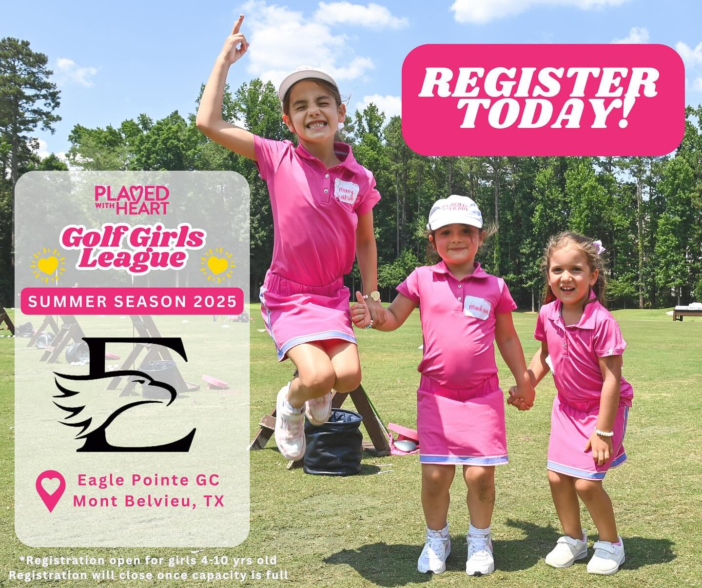 REGISTER FOR SUMMER IN TX NOW! 🤠💕☀️

Registration is open for our Golf Girls Summer Season in Mont Belvieu, TX @eaglepointegolf ! 🦅⛳️

➡️ Swipe for dates and times of each session! 📆⏰

🔗 Link in bio will take you to the League Page of our websit