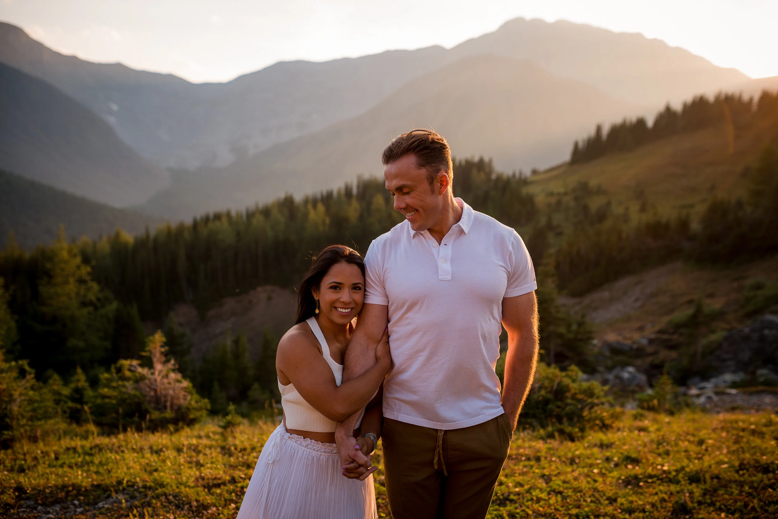 Kananaskis mountain engagement sunset gorgeous couple calgary wedding photographer banff rocky mountain photographer