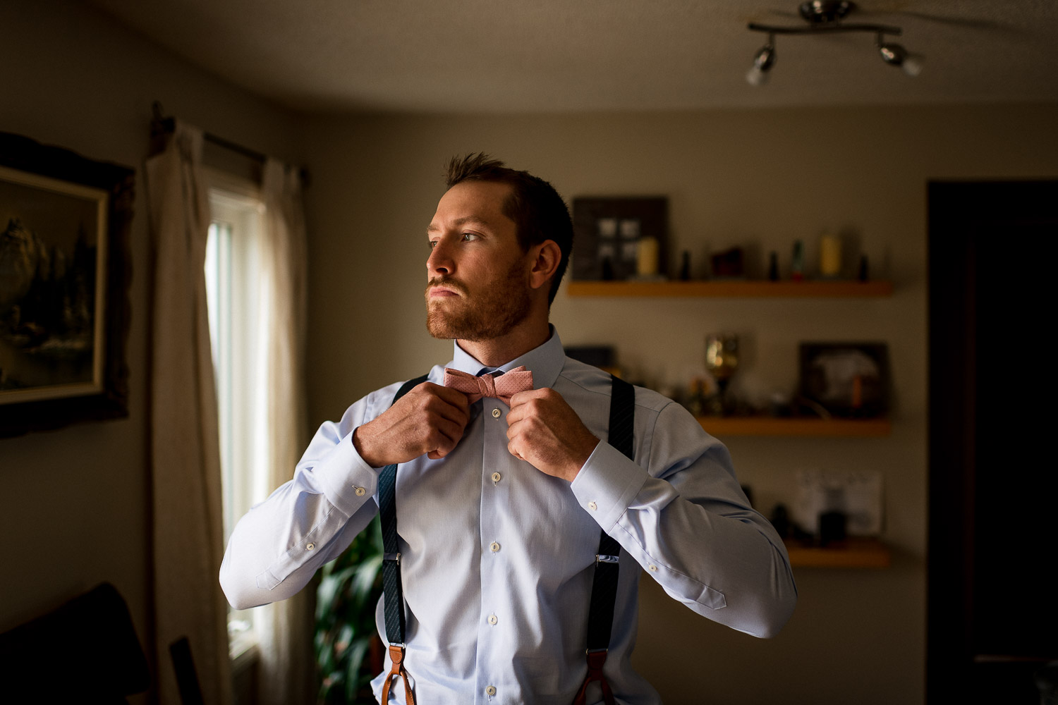 GQ groom getting ready rustic farm wedding photos banff wedding photographer elopements