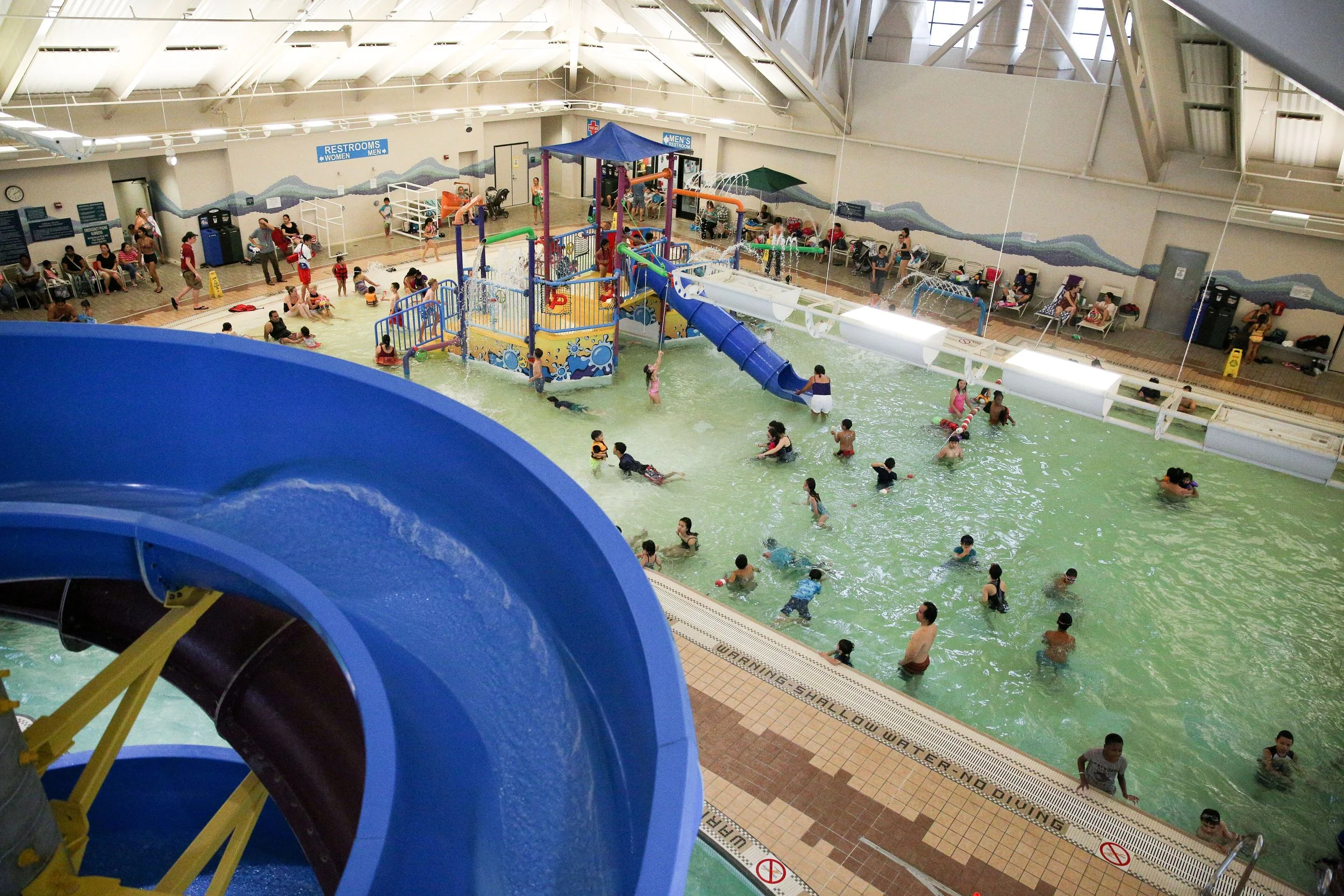 Children play on the activity pool structure at the Silliman Family Aquatic
Center in Newark on Friday, Aug. 4, 2017. The structure is set to be
replaced this winter as part of a larger maintenance project. (Photo by
Joseph Geha/The Argus)
