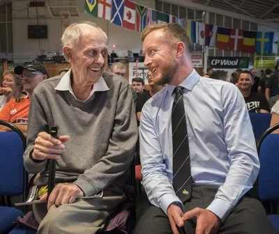 VOLUNTEERS: The Golden Shears voluntary MC, new Member of Parliament Keiran McAnulty(right), and one of the event’s longest servants, Bruce Arcus. PHOTO/Pete Nikolaison, Golden Shears Media Group