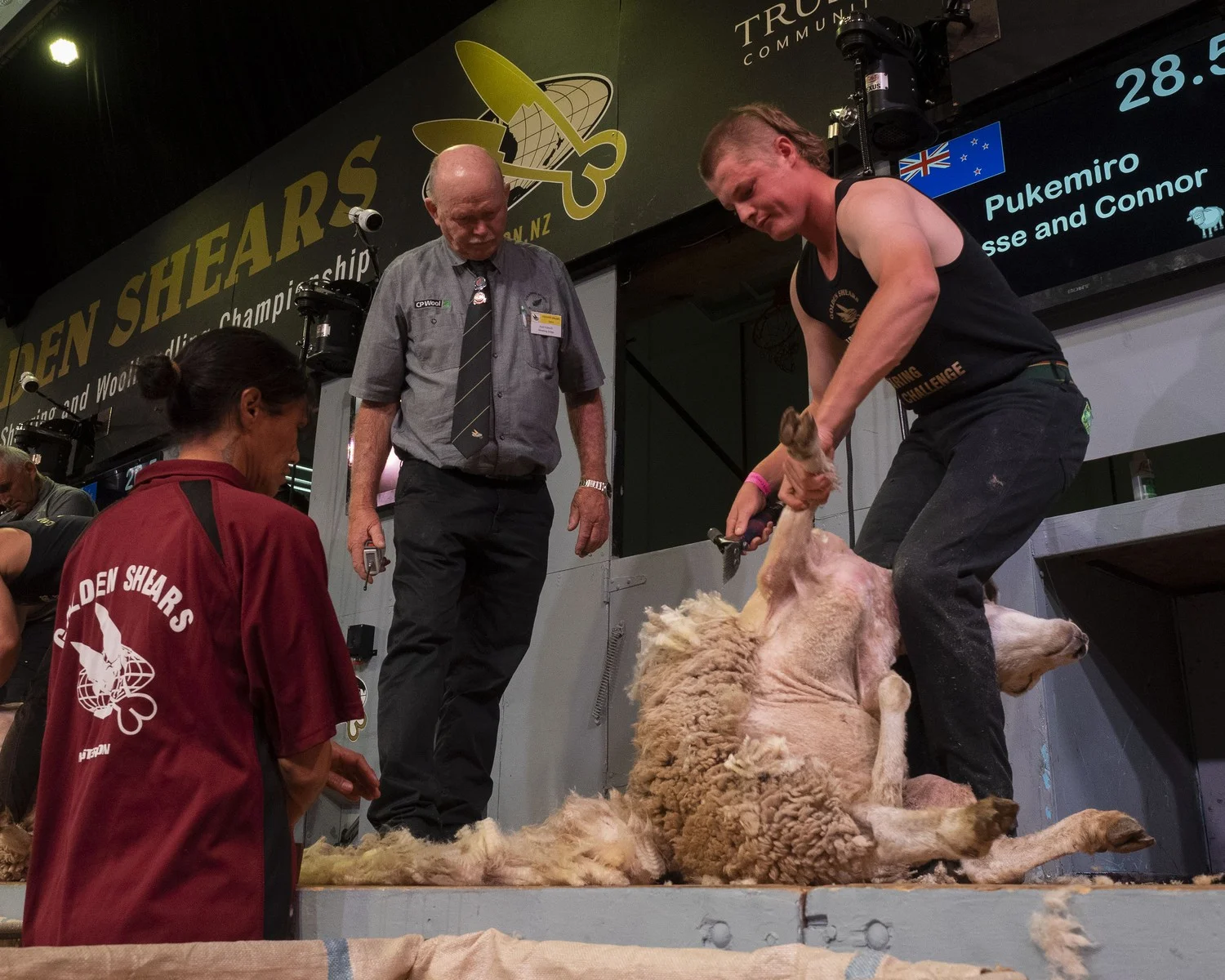 Connor McIntyre, of Pongaroa, shearing to Pukemiro Station's win in the students challenge among teams from four agricultural training courses.