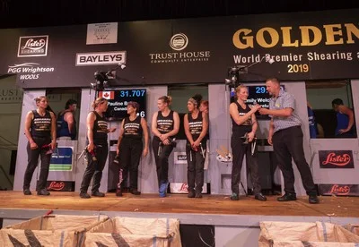 All over baa the shouting...finalists await the reult of the Golden Shears women's shearing final, from left Pauline Bolay (second), winner Emily Welch, Jills Angus Burney (5th), Laura Bradley (4th), Jackie Paku (6th) and Sarah Higgins (4th). PHOTO/Pete Nikolaison, Golden Shears..