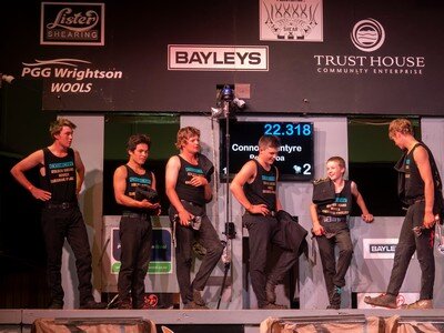 Golden Shears Novice shearing finalists await the final points in&nbsp; instant prizegiving after their ig night in Masterton Wednesday, Second from right is eventual winner Ryuka Swann, of Wairoa.  PHOTO/Peter Nikolaison, Golden Shears.