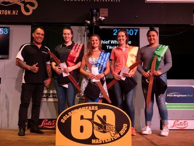The 2020 Golden Shears Novice woolhandling final lineup from left, Paewai Mullins representative and stadium commentator Tuma Mullins, winner Laura Bradley, runner-up Robyn Kraus, third-placed Grace Teate, and Shontaye Walker, fourth.  PHOTO/Pete Nikolaison&nbsp;&nbsp;