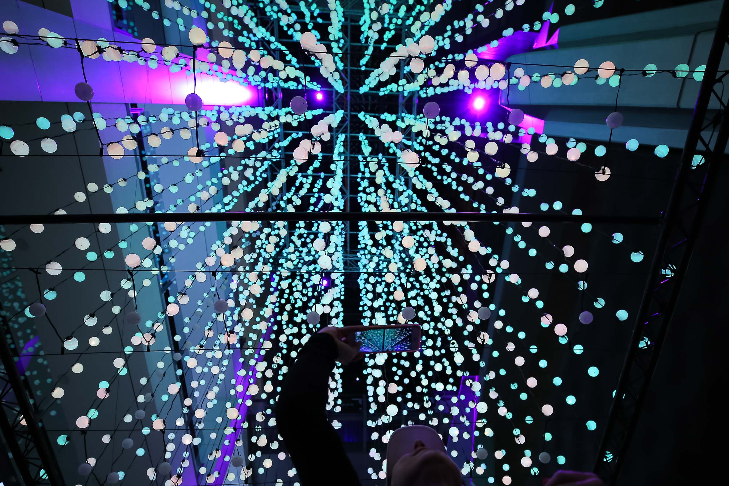  9000 illuminated spheres can be seen during a preview of Chatswood Interchanges’s Voxelscape installation by large scale architectural projection artists, The Electric Canvas, which is part of Vivid Sydney festival of light and sound beginning on Ma
