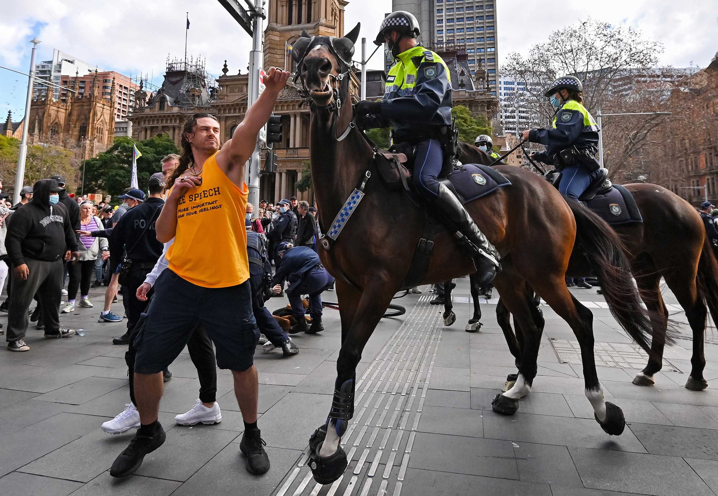 Anti-Lockdown Protester Fends Off A Police Horse