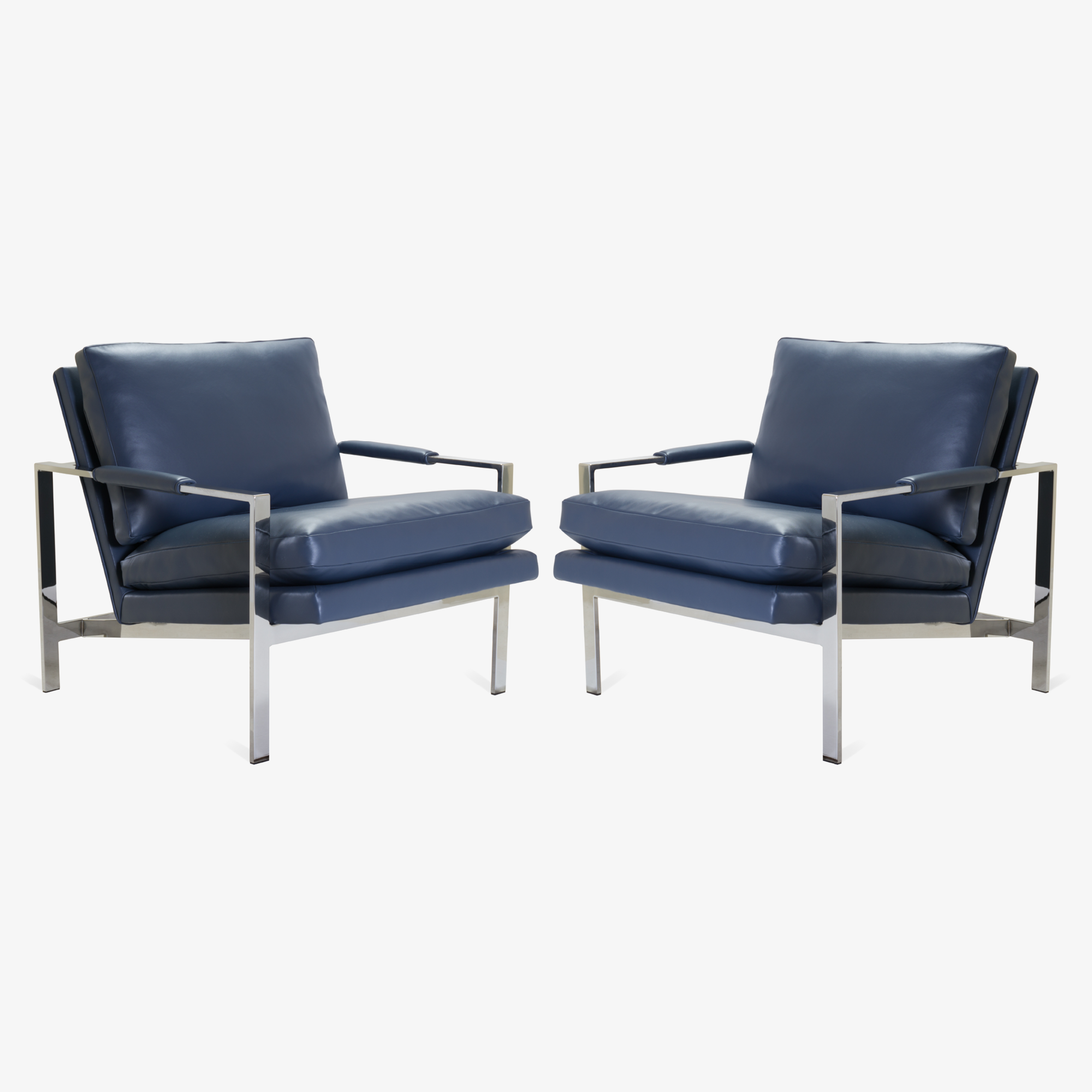 Flat-Bar Club Chairs in Navy Leather, Pair