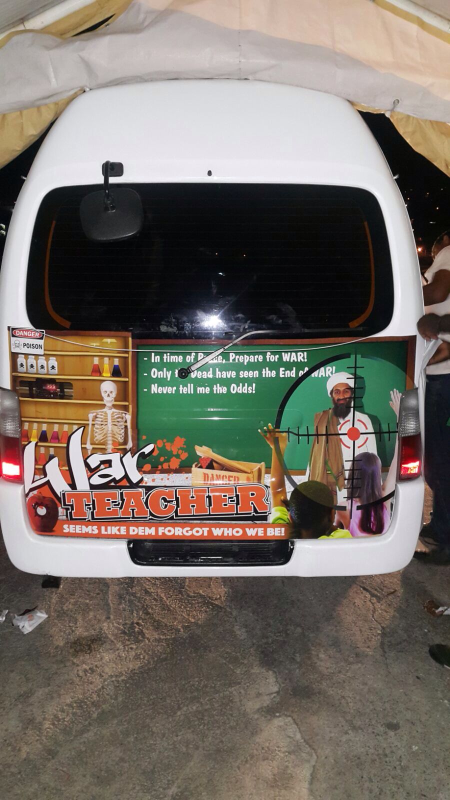 A controversial image on a van of Osama Bin Laden - The driver was asked to take it off after having complaints about the image. The driver explained that he did not advocate Osama Bin Laden's doctrine , but more so just commented that he was " Hard to Kill " and he thought it was worth mentioning. Picture Courtesy of Mickel Carr.