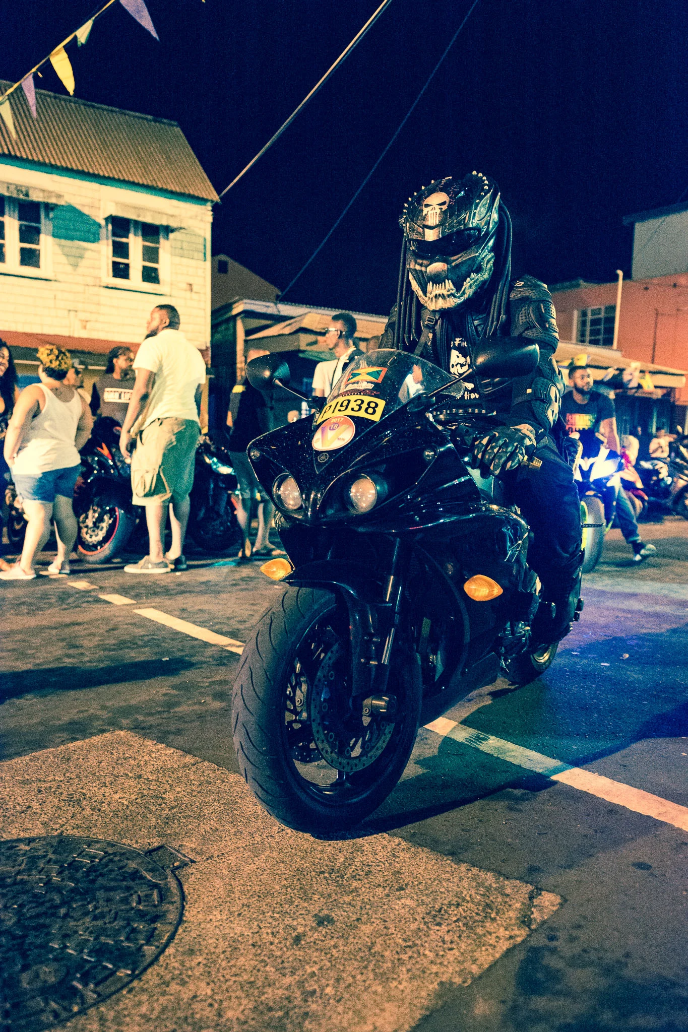 The effort that goes into the appearance of some of the riders must be pointed out. This particular biker came all the way from Grenada, looking like something straight out of the Predator movie.