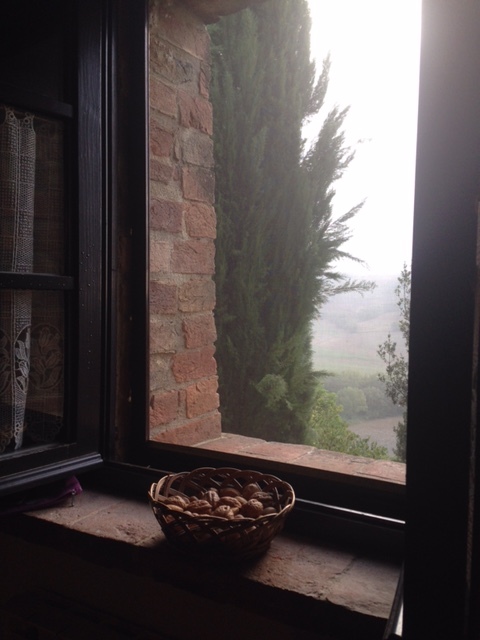 View over the valley toward Pienza from the kitchen window at Cretaiole