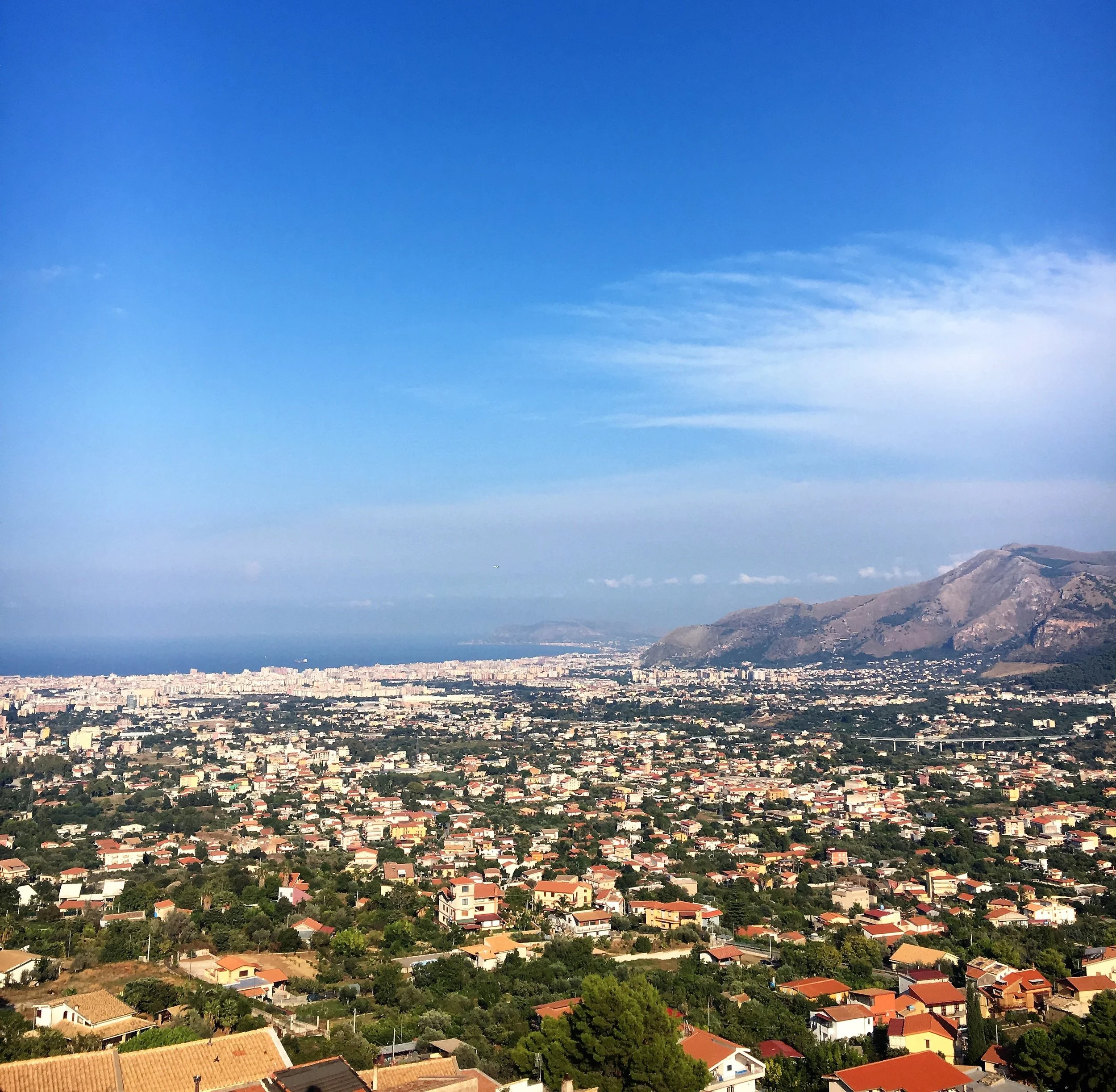 The view to the Mediterranean Sea from the roof terraces of Monreale Cathedral, Sicily, September 2016.