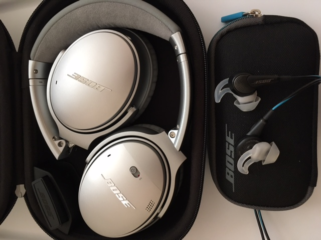 BOSE noise-canceling headphones (left) and earbuds (right). The headphones are the "gold standard" for noise reduction in flight and are Bluetooth enabled; the earbuds are smaller, lighter weight and also provide good noise reduction.