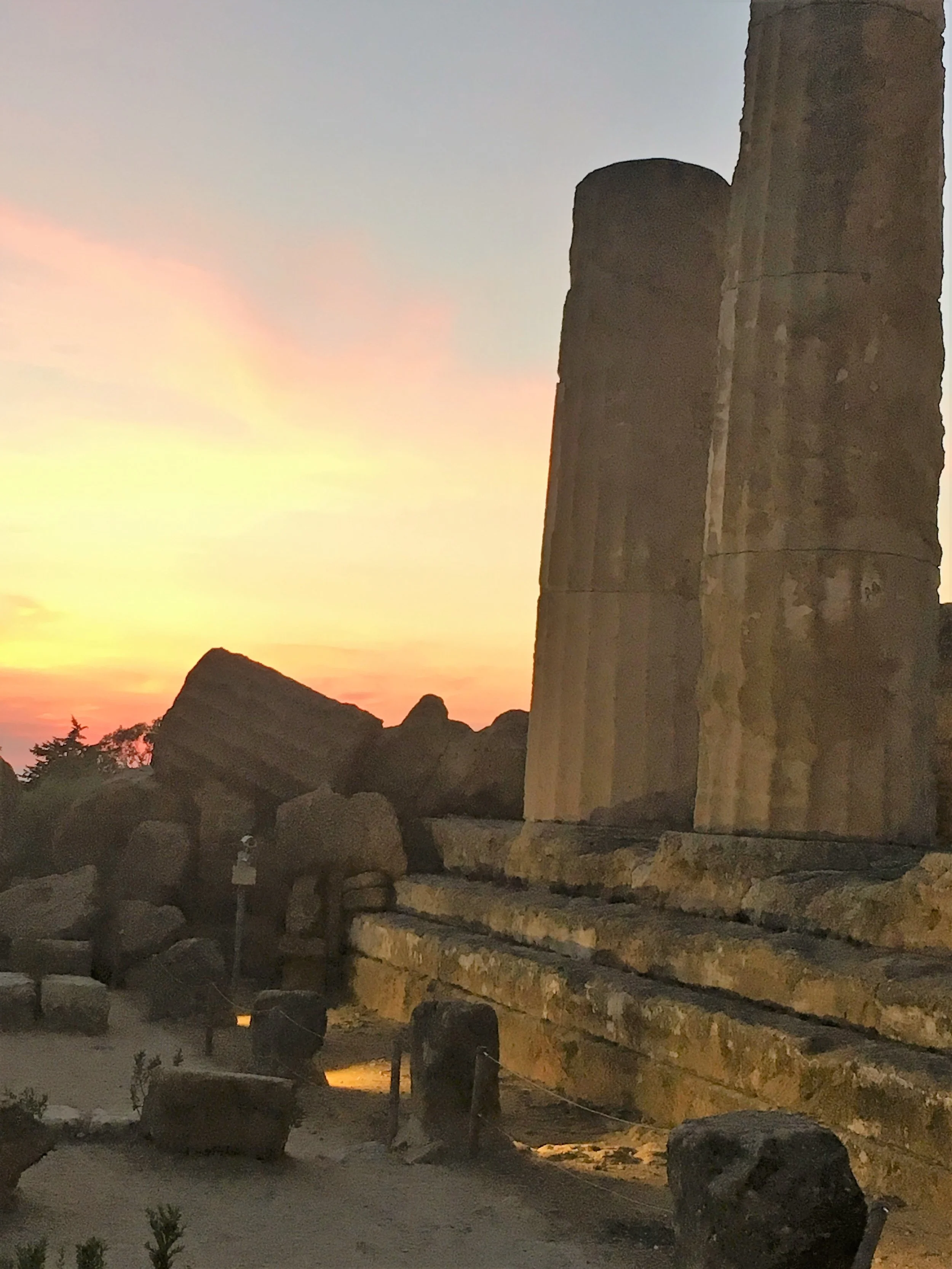 Fragments of Doric columns at Greek temples in the Valley of the Temples, Agrigento, Sicily.
