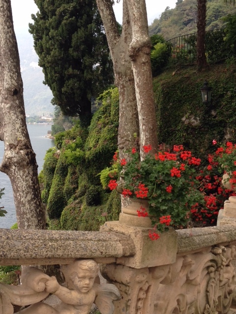 A view toward the lake from the path that winds up to the gardens and loggia.