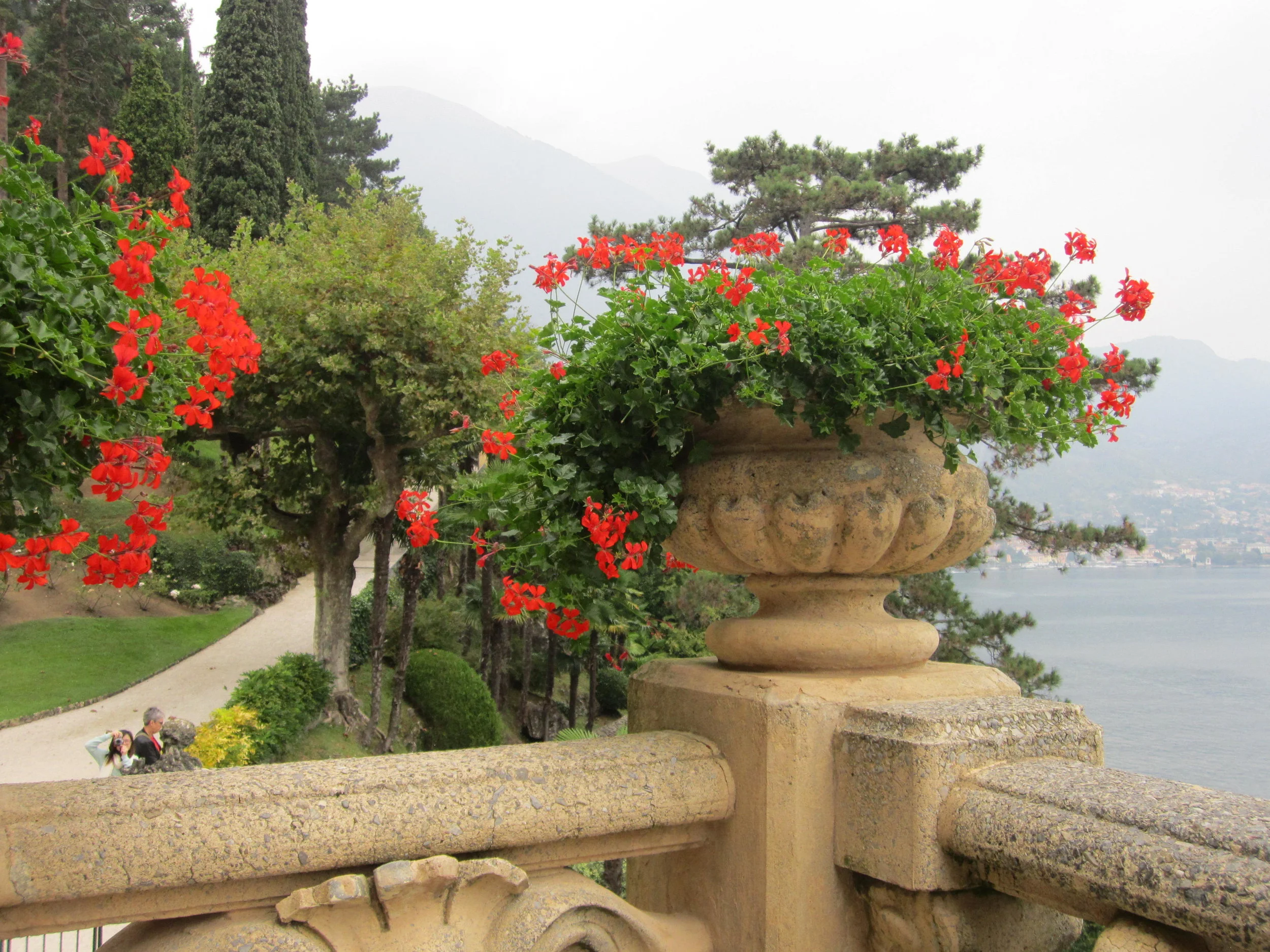 One of many beautiful flower-filled urns which line the garden paths.