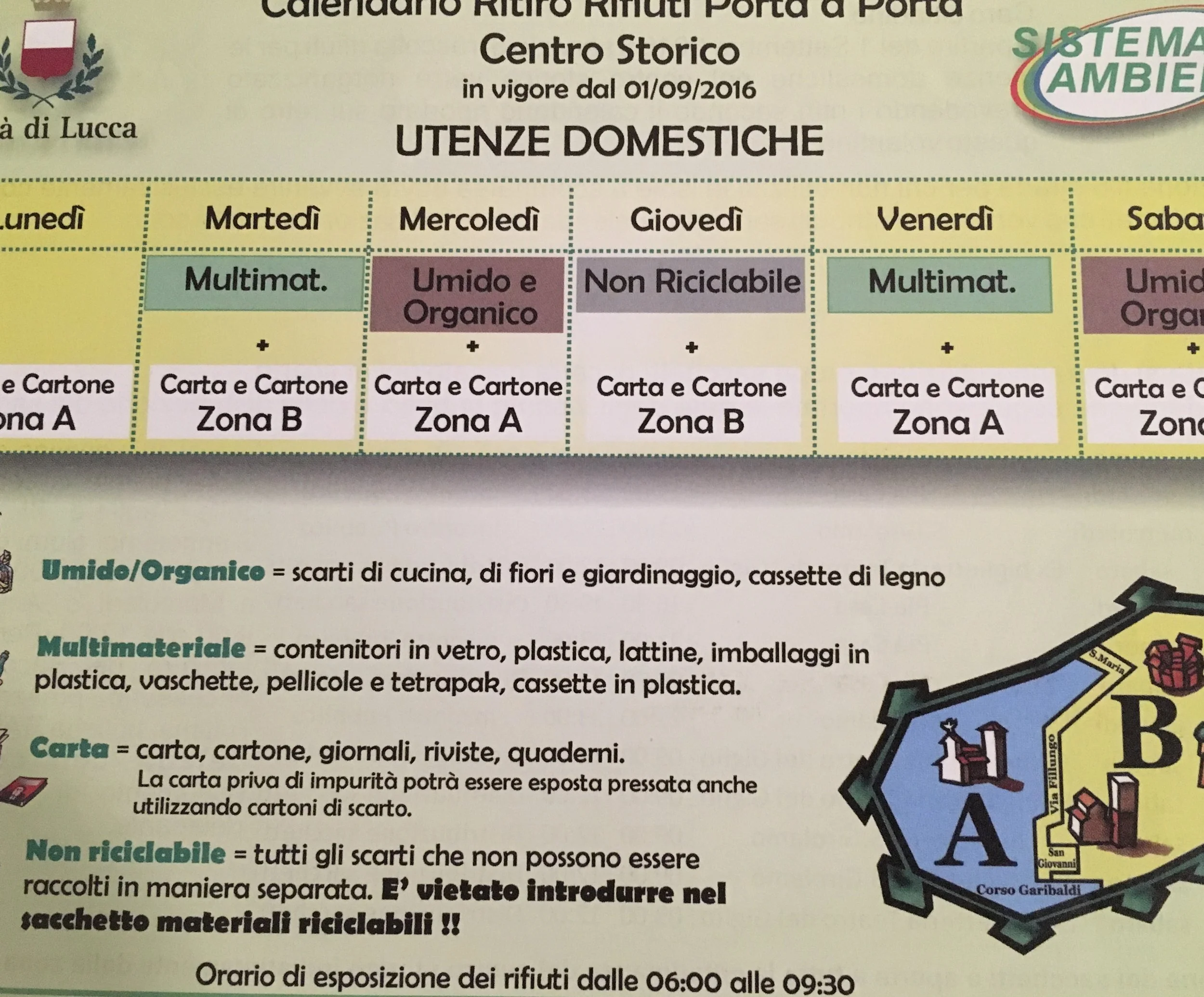 The schedule for trash pickup, with specific types of trash collected on certain days. 