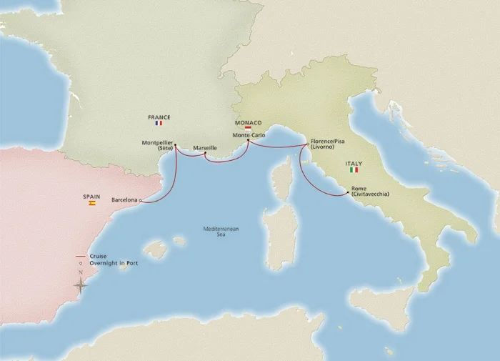 Viking Iconic Western Mediterranean Ports of Call (note: some cruises stop in St. Tropez rather than Montpellier)
