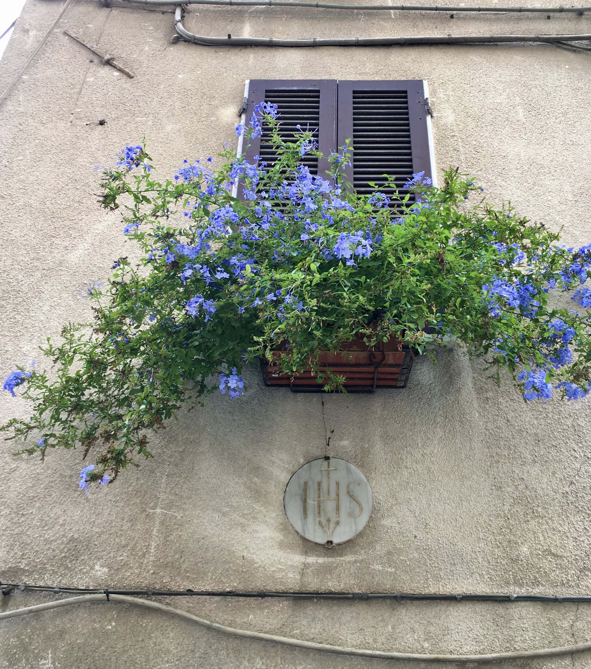 Flowers adorn many of the town's windows.