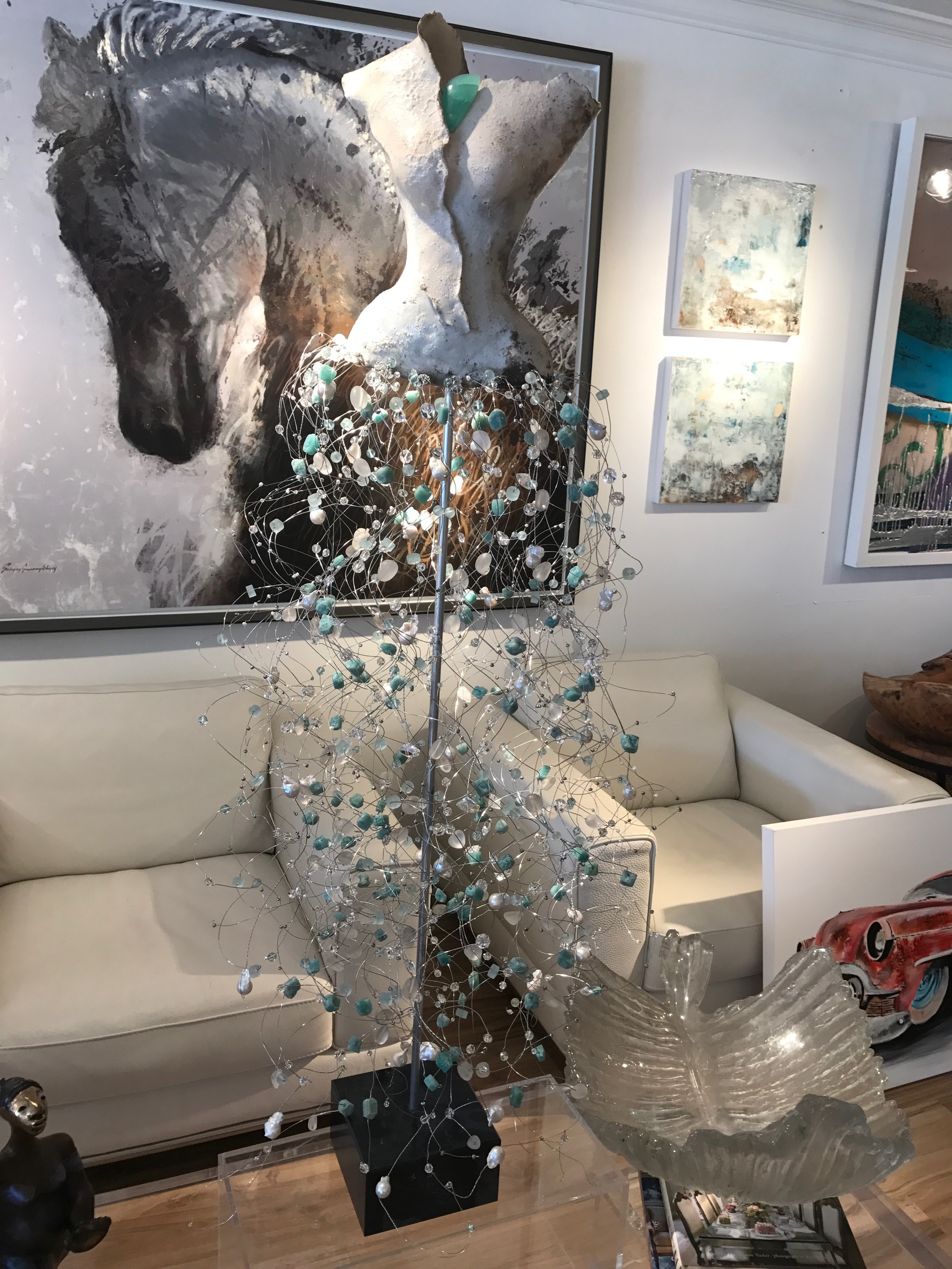 Raku Fired White with Baroque Pearls, Green Stones, Swarovski Crystal (28" Tall)