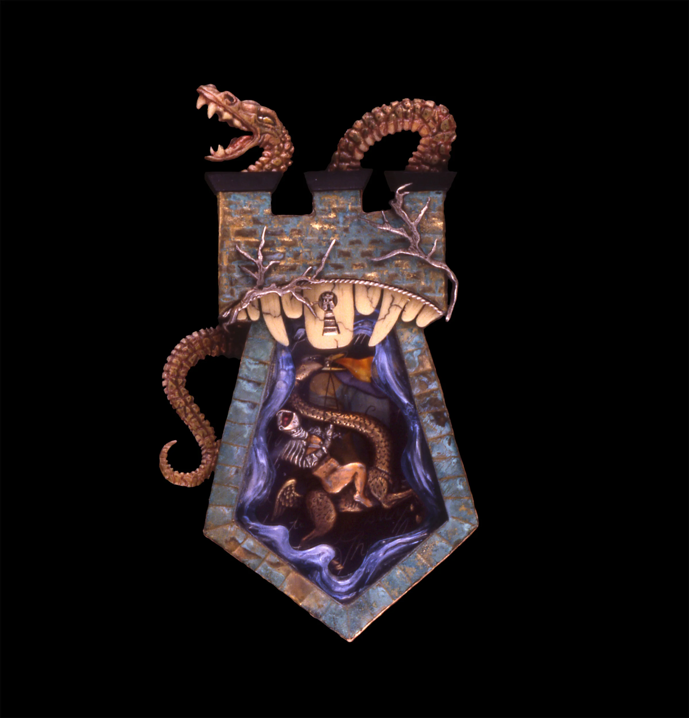 "Trial of the Forgotten Saint" 1990 Mixed-media brooch #1535 1/2" x 2" x 3/4" Collection of Montreal Museum of Decorative Arts, Montreal, Canada