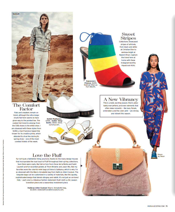 As devoted readers of print fashion magazines, we were jumping up and down when Jenny Davis of Indulge magazine presented the opportunity to feature the Macro Annabelle in the publication's spring style issue. Seeing our design in the glossy pages of such a beautiful magazine was an honor and a dream come true. 