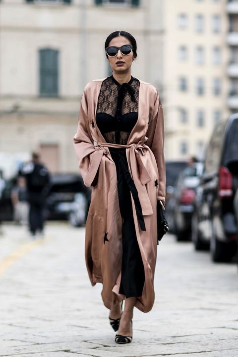 Rose gold star-printed coat at Milan Fashion Week. Source