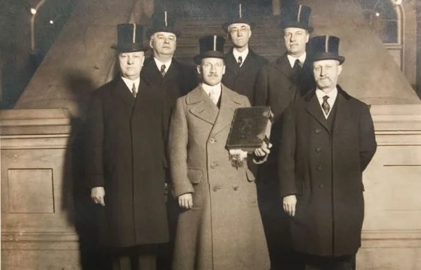 Members of the George Washington Inaugural Bible Committee from St. John's Lodge No. 1 AYM shortly after the swearing in of President Warren Harding.