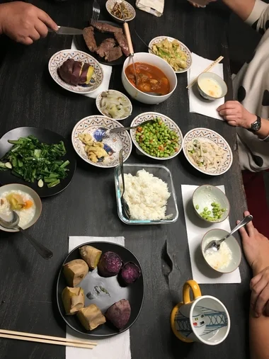 LOTS OF TAIWANESE VEGGIES. SWEET POTATOES. BEEF STEW. EGG. ERR'THANG.