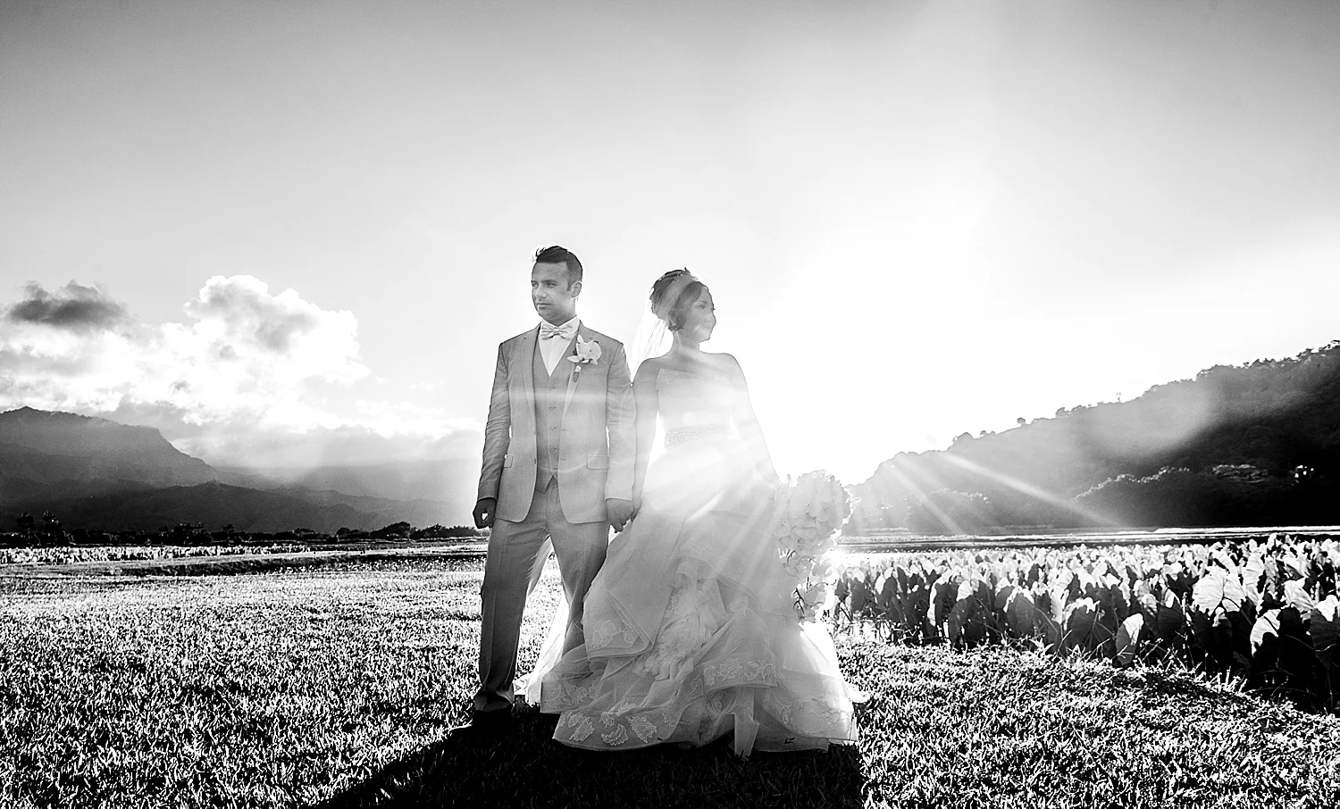 black-and-white-stregis-princeville-kauai-wedding-bride-groom-drama
