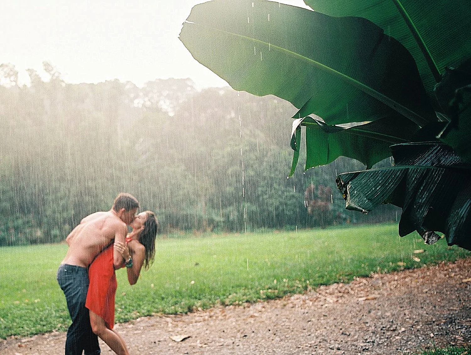 beautiful-couple-maui-jungle-engagement-romantic-kiss-rain