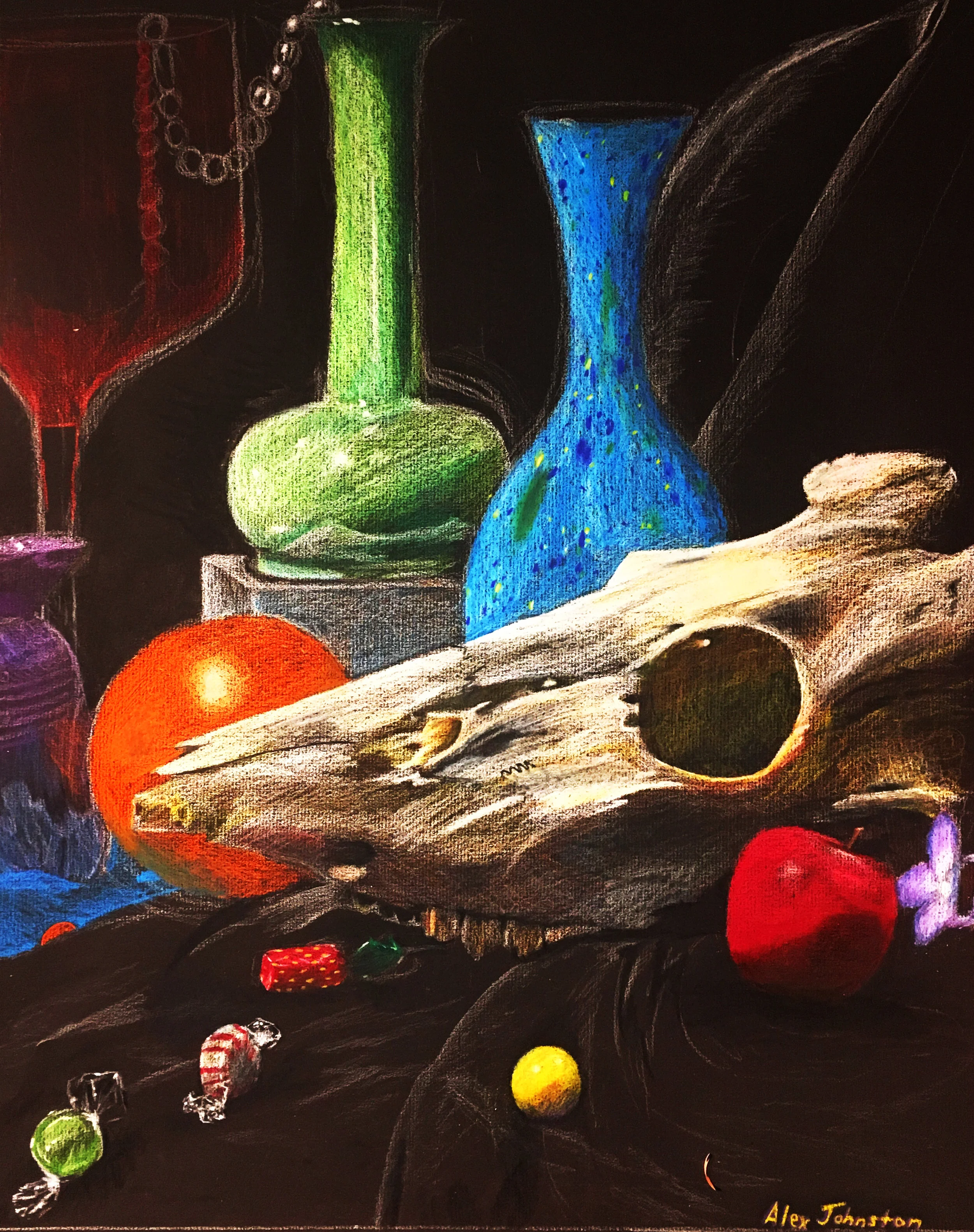 Drawing Fundamentals (General Education Non-Art Major) Direct Observational In-Class Still Life Drawing Colored Pencil on Black Paper 2017