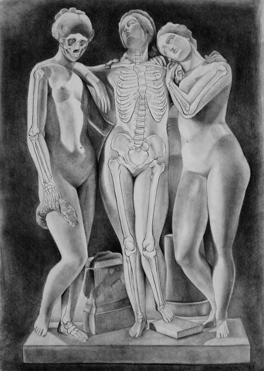 Life Drawing Skeletal Insertion of a Master Copy (The Three Graces, Jean-Jacques Pradier, 1831) Graphite 2017