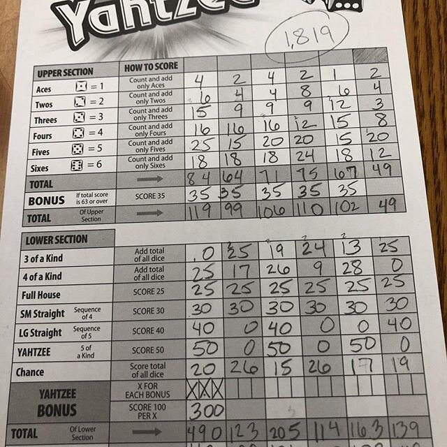 Ended up with 6 Yahtzees total for a final score of 1,819. 
Andy beat me though, with 8 total Yahtzees and a score of 1,967.