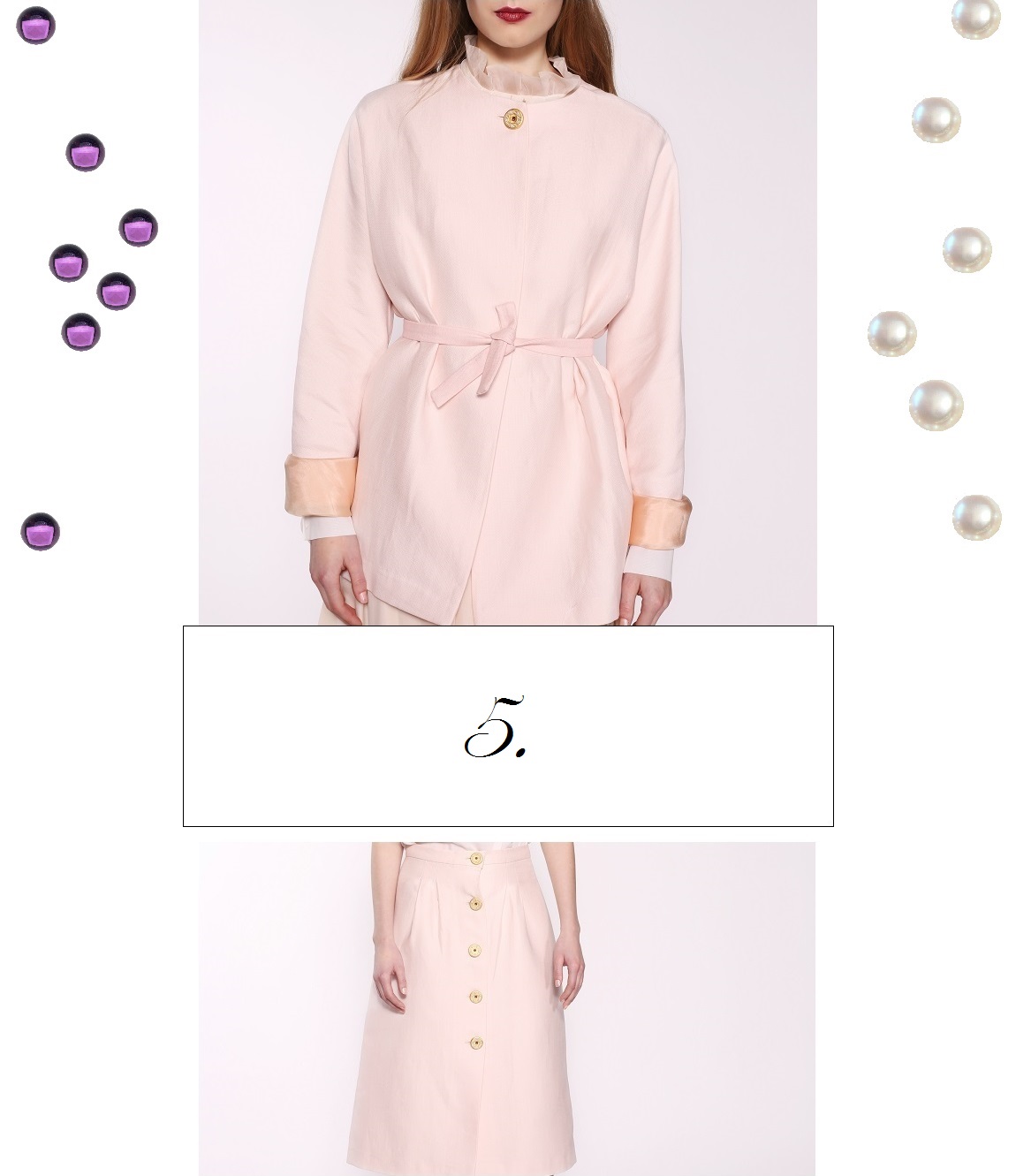 Reassert your love of luxury with these two pale pink pieces, delivered in beautifully crafted wool fabric, which we pulled from one of the high-end mills in France. Incredible quality of the wool and softest pale-pink silk lining are not the FALL-IN-LOVE points, the fall-in-love point is the buttons, which were crafted in our very own Atelier and encrusted with SEMI-PRECIOUS STONES like amethysts and pearls. Perfect example of quiet aristocratic luxury, which doesn't scream, yet elevates the look.