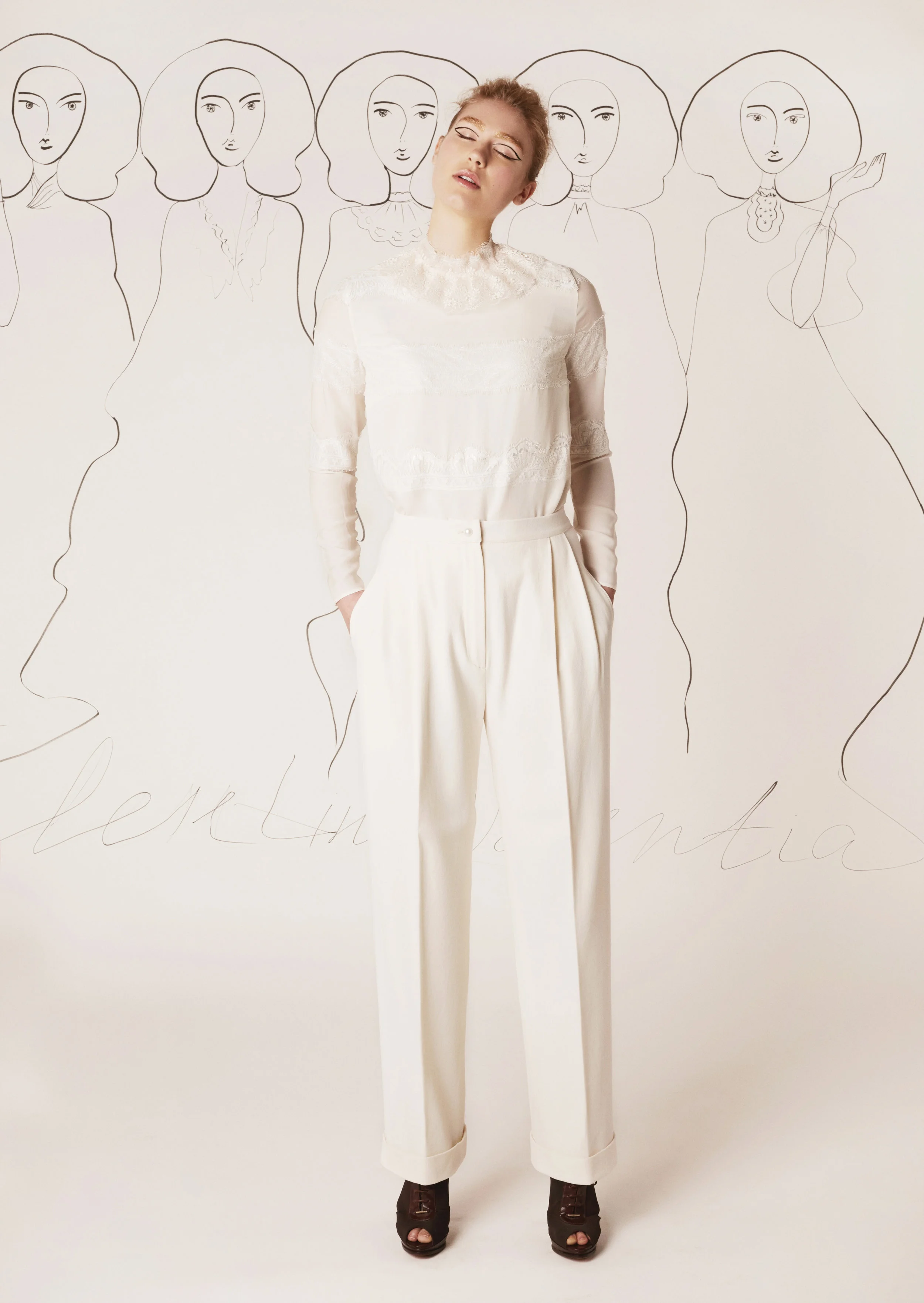 Silk chiffon top and wool crepe trousers