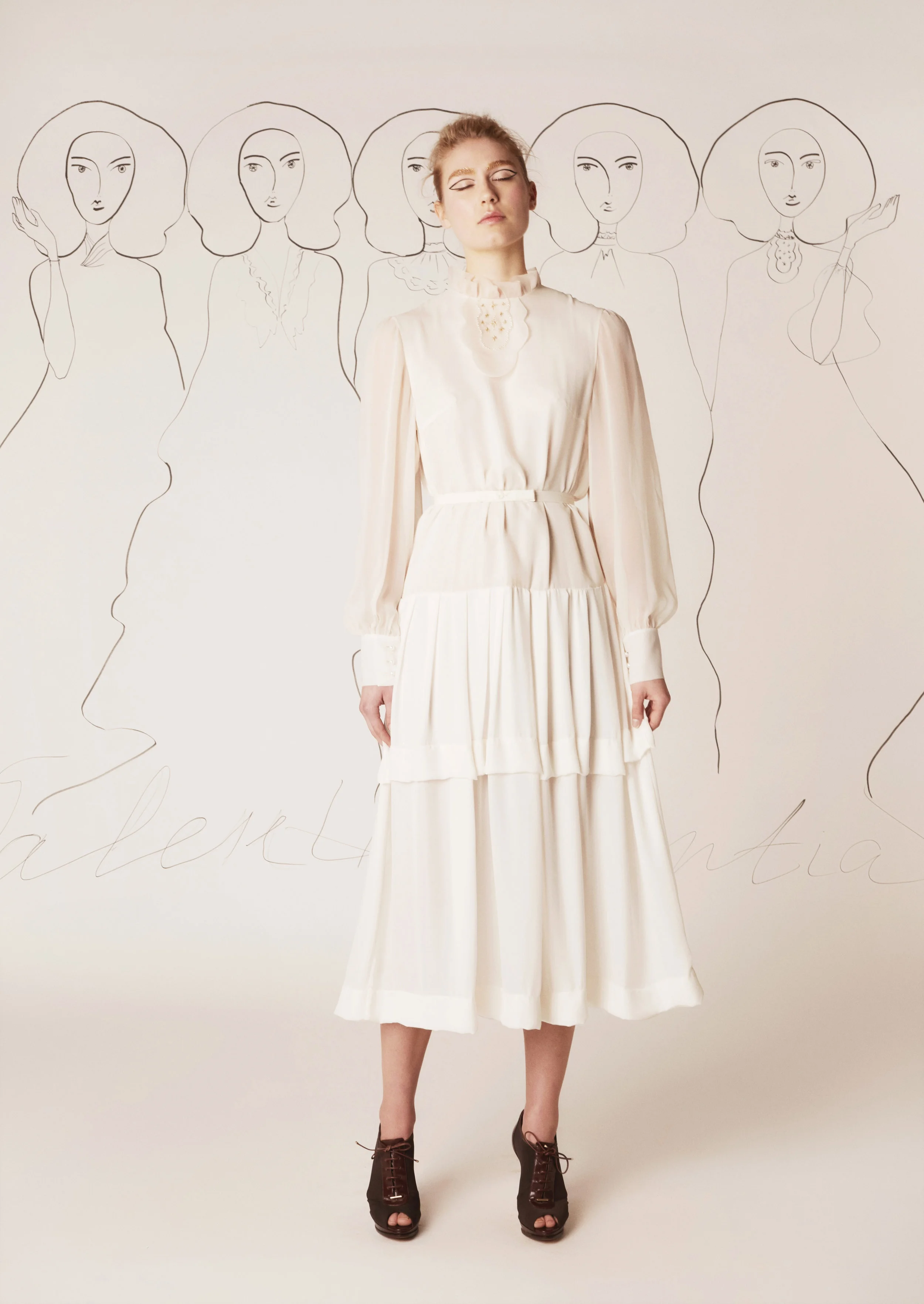 Silk chiffon dress with tiered and embroidered cream jabot