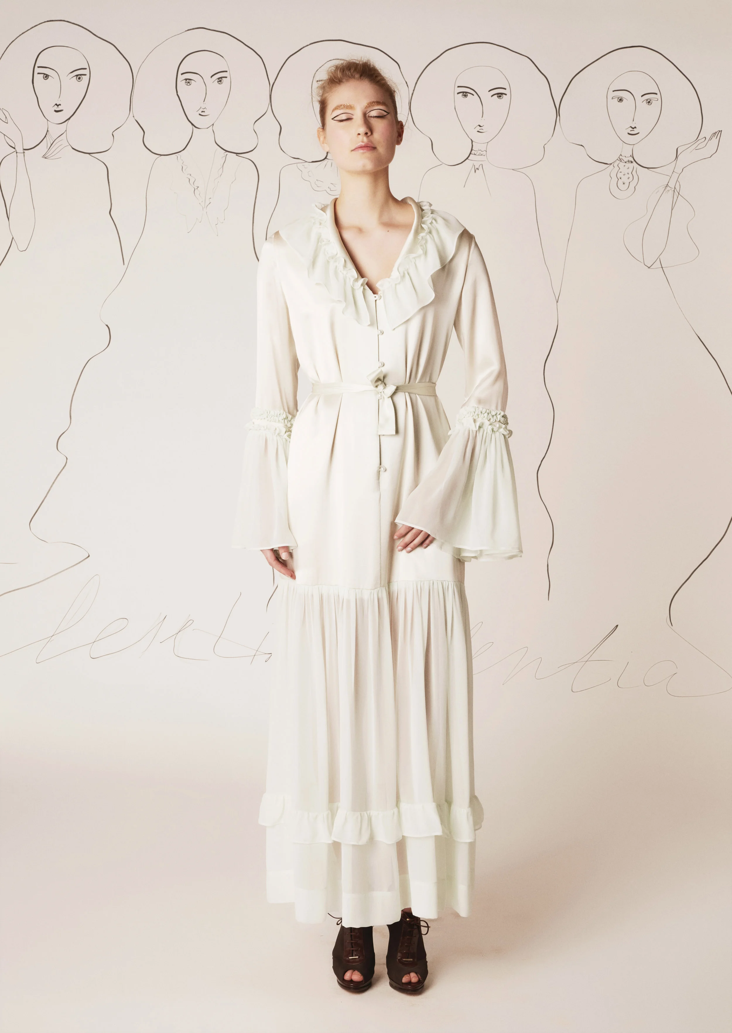 Silk dress with flowing and pleated silk chiffon sleeves and skirt