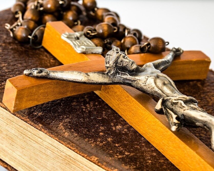 Crucifix on Bible with Rosary