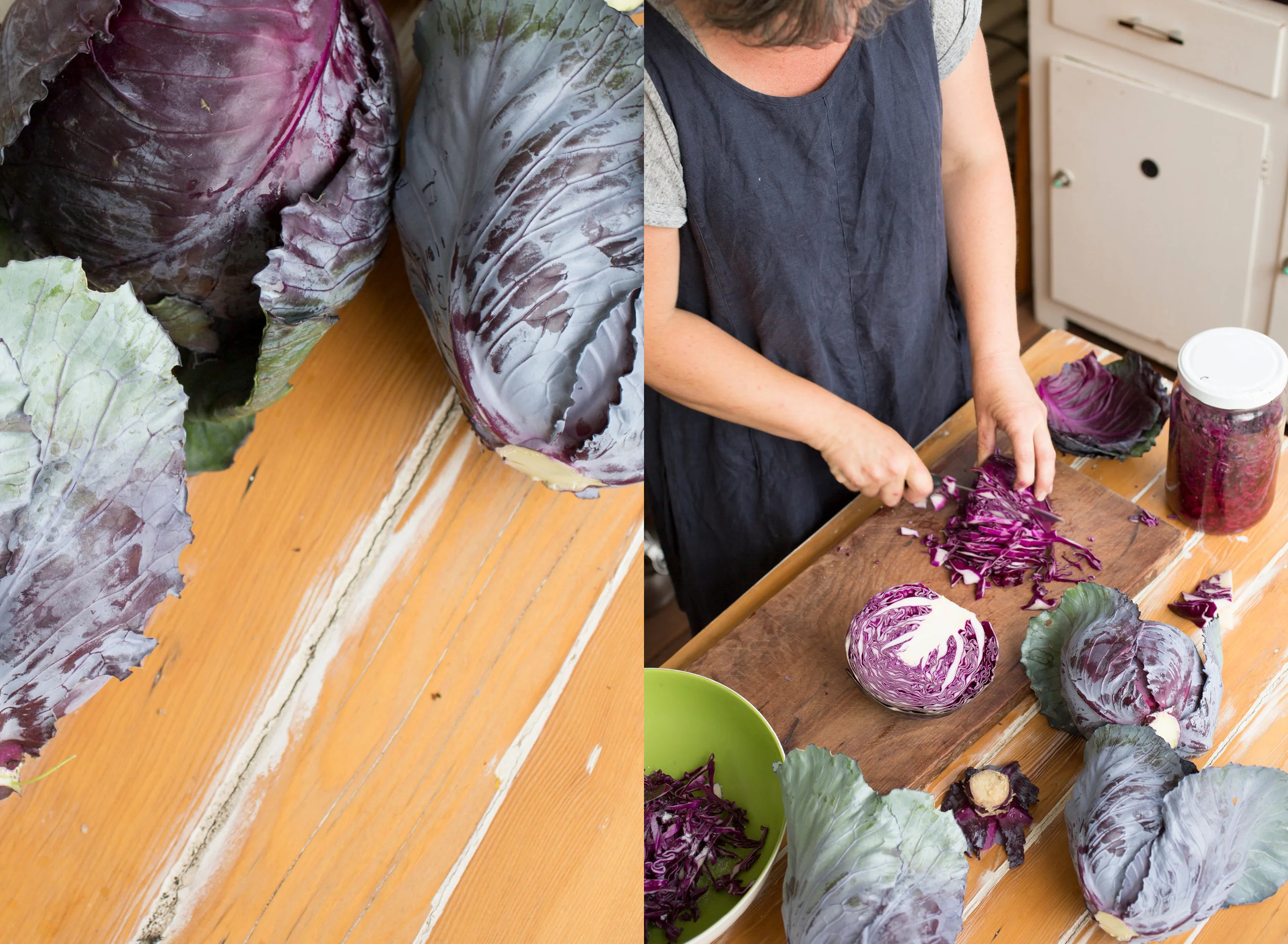 Freshly harvested cabbages from her garden being prepped for a batch of sauerkraut. 
