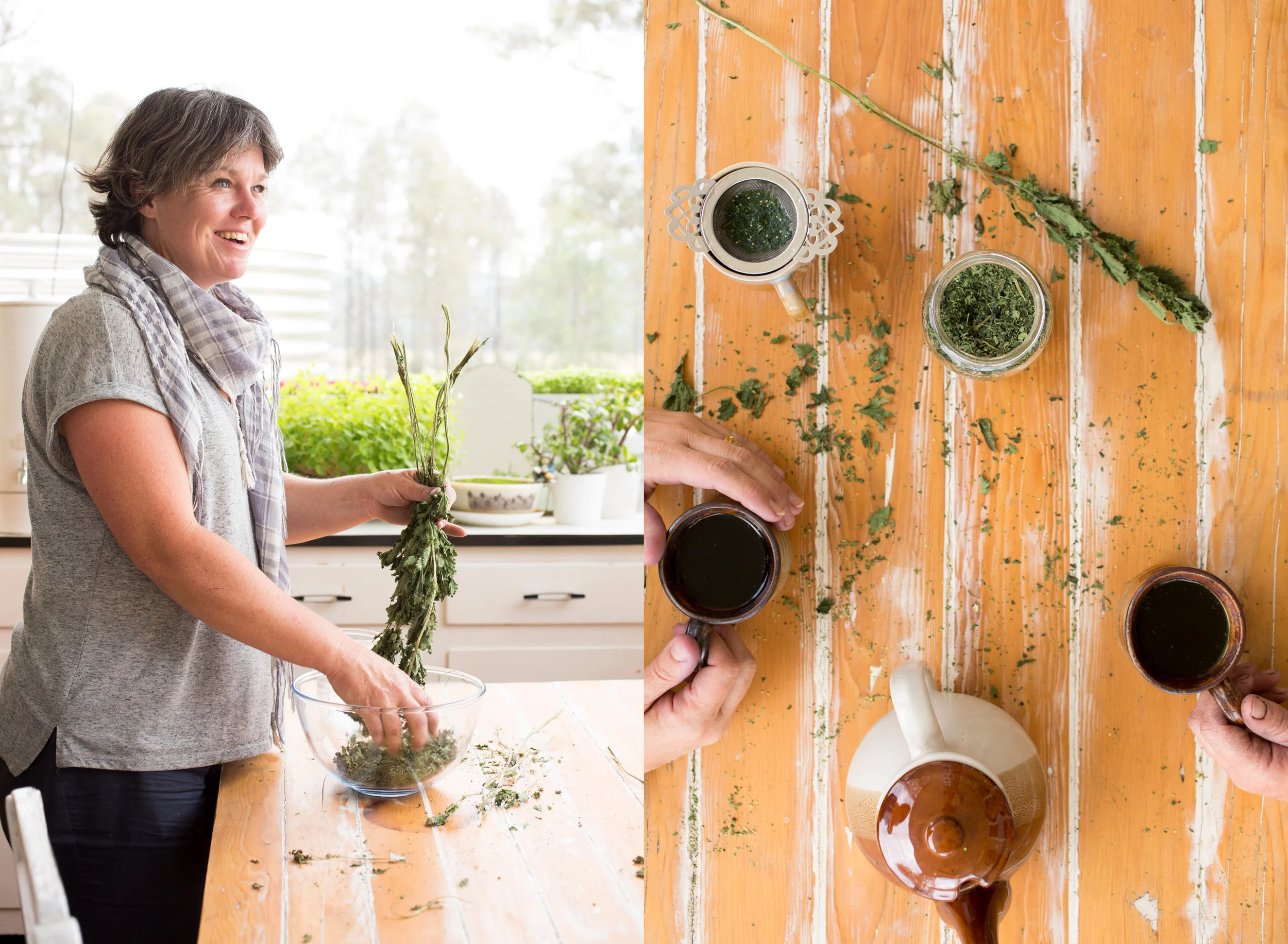 Tricia preparing some home-dried nettle tea.