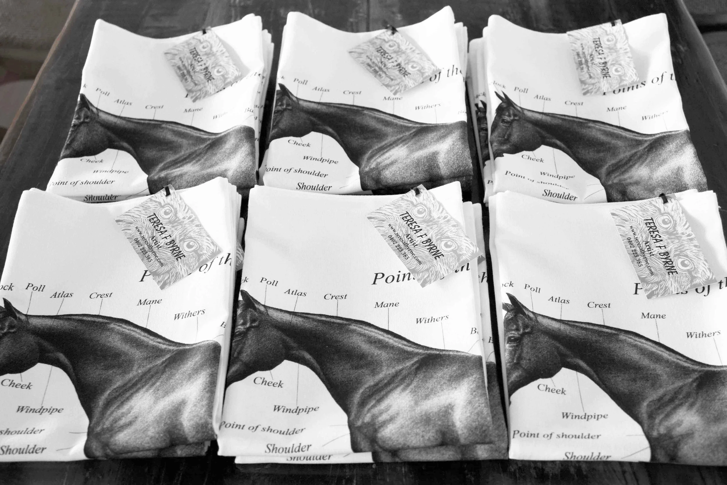 Points of the Horse tea towel Inspired by a George Stubbs skeletal anatomical drawing. 100% cotton, with hanging loop. Digitally printed in Australia. New product replacing the silk screened version. $25 plus postage. To buy please send a message via Enquire/Contact page.