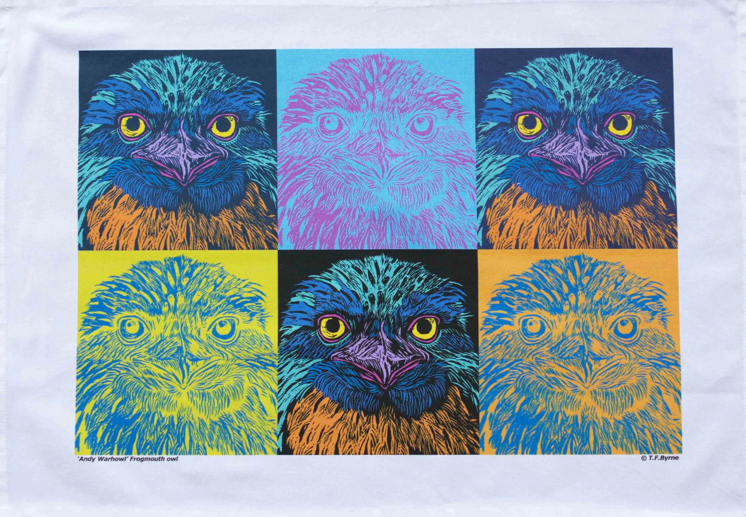 Andy Warhowl tea towel Inspired by Andy Warhol's Marylin Monroe series. Based on the Tawny Frogmouth owl (Podargus strigoides), which is really not an owl, but more closely related to a nightjar. 100% cotton with a hanging loop, digitally printed in Australia. $25 plus postage. To buy please send a message via Enquire/Contact