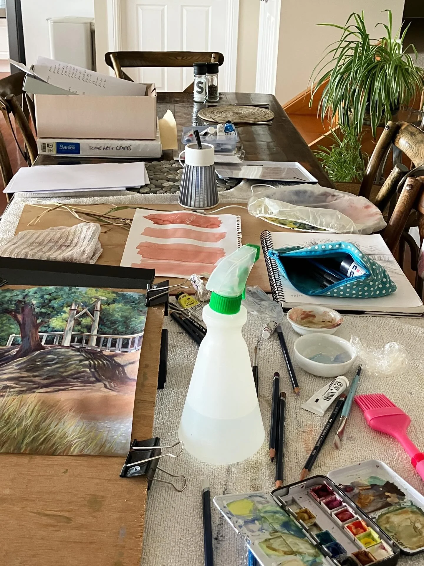 Projects on the go. 
Sometimes all available horizontal space is used, including the floor. 
Then I have a blitz!

#gouache 
#paperstretching 
#colourpencil 
#acrylicpaint 
#knitting