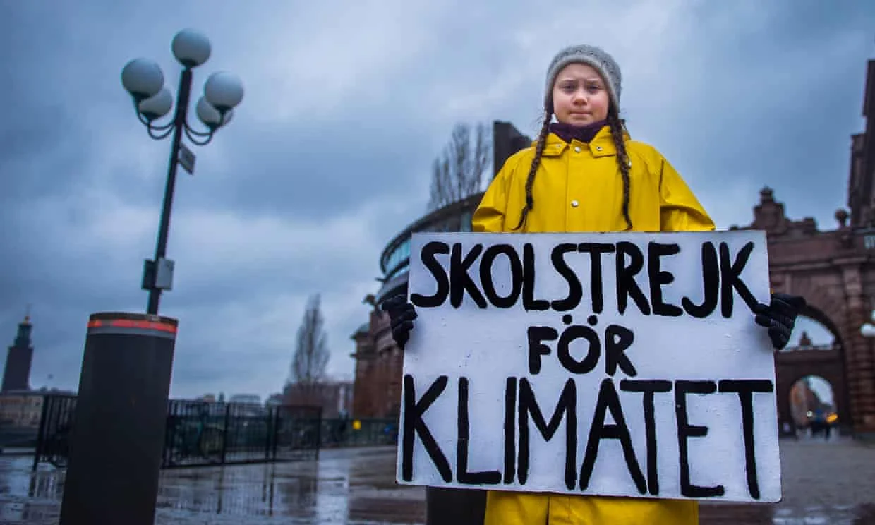 Greta Thunberg, 15, holds a placard reading ‘School strike for the climate’, during a protest outside the Swedish parliament in Stockholm last November. Photograph: Hanna Franzen/EPA