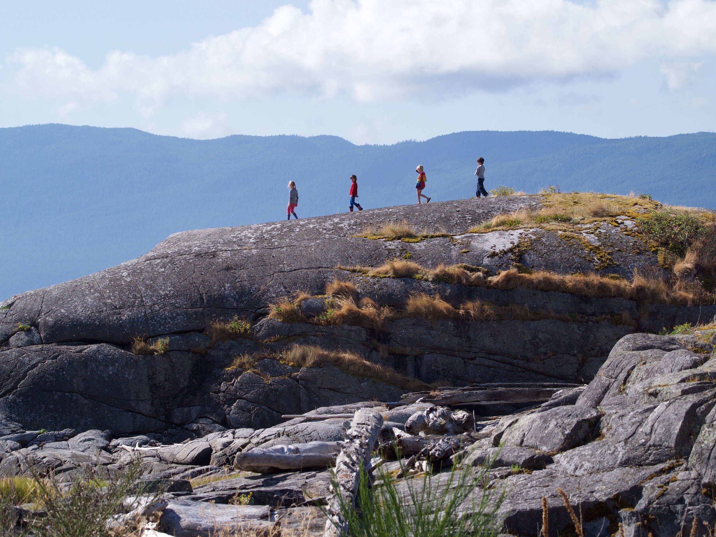 20150816 - August 16th - BioBlitz Nelson Island - Kids on Big Rock at Harry Roberts Cabin - Isobelle, Logan, Charlotte and Sirus.jpg